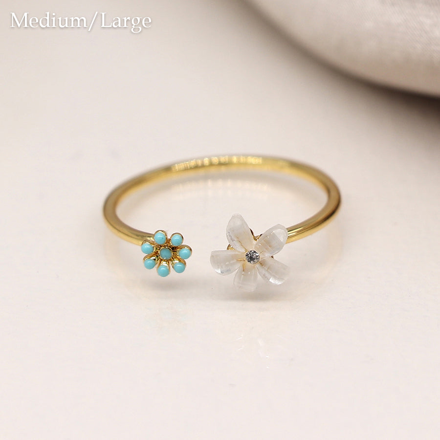 Gold Plated Open Band Aqua And Crystal Flower Ring