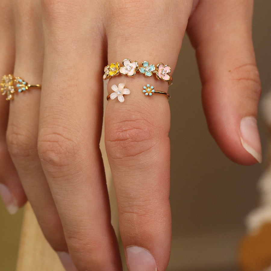 Gold Plated Open Band Aqua And Crystal Flower Ring