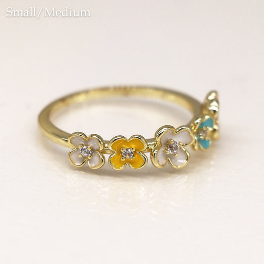 Gold Plated Mixed Enamel And Crystal Flowers Ring