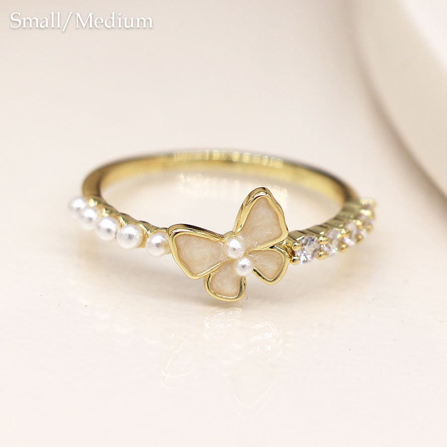 Gold Plated Butterfly Crystal And Pearl Ring