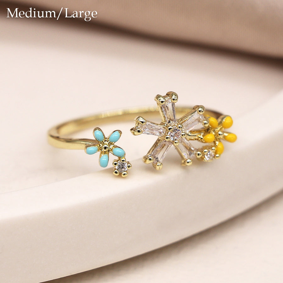 Gold Plated Open Band Enamel And Crystal Flowers Ring