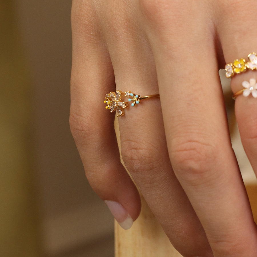 Gold Plated Open Band Enamel And Crystal Flowers Ring