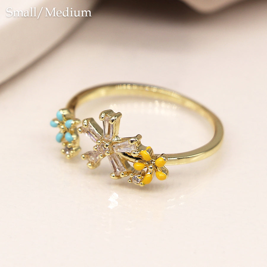 Gold Plated Open Band Enamel And Crystal Flowers Ring