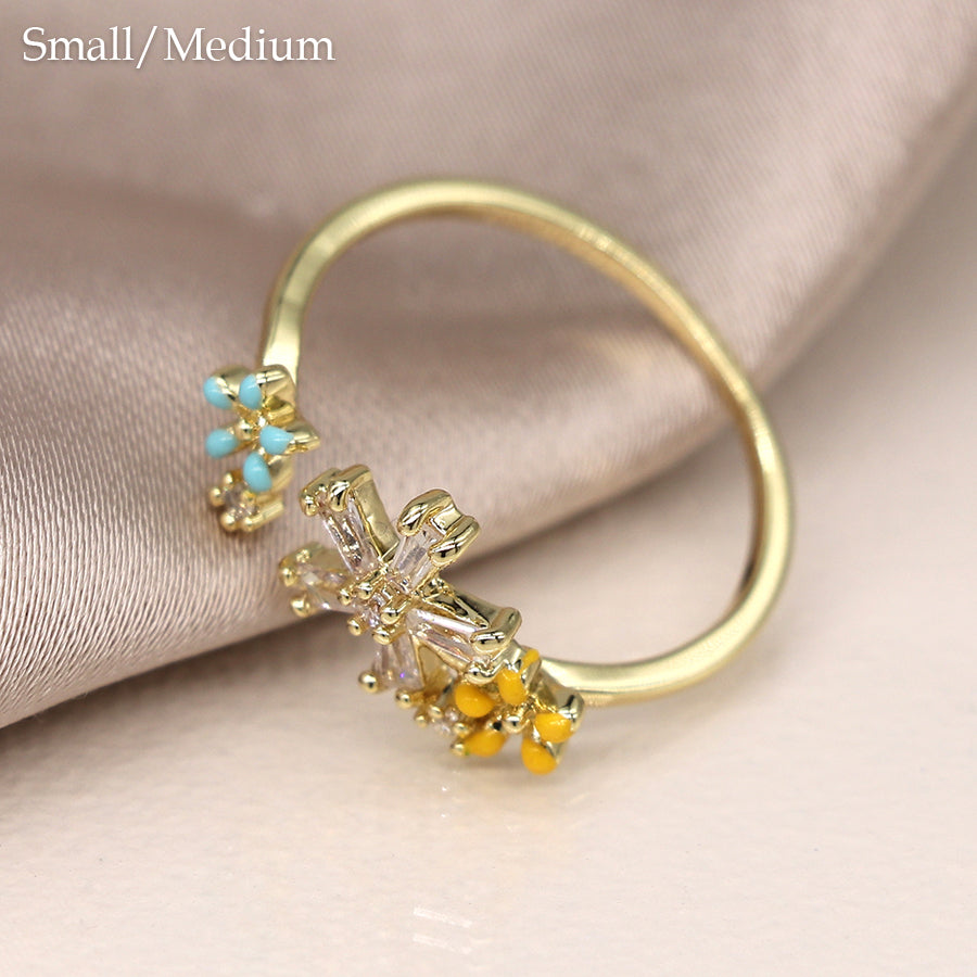 Gold Plated Open Band Enamel And Crystal Flowers Ring