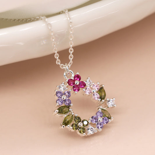 Silver Plated Floral Crystal Circle Necklace