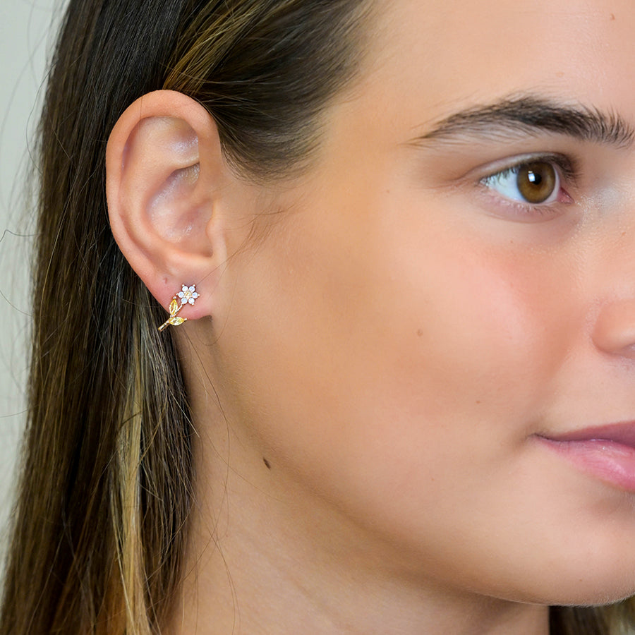 Faux Gold Flower Stem Crystal Earrings