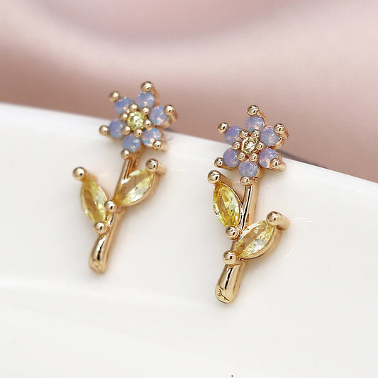 Faux Gold Flower Stem Crystal Earrings