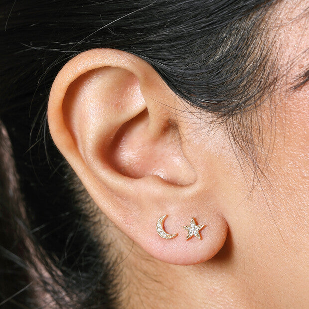 Gold Moon And Star Crystal Stud Earrings