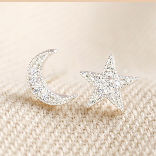 Silver Moon And Star Crystal Stud Earrings