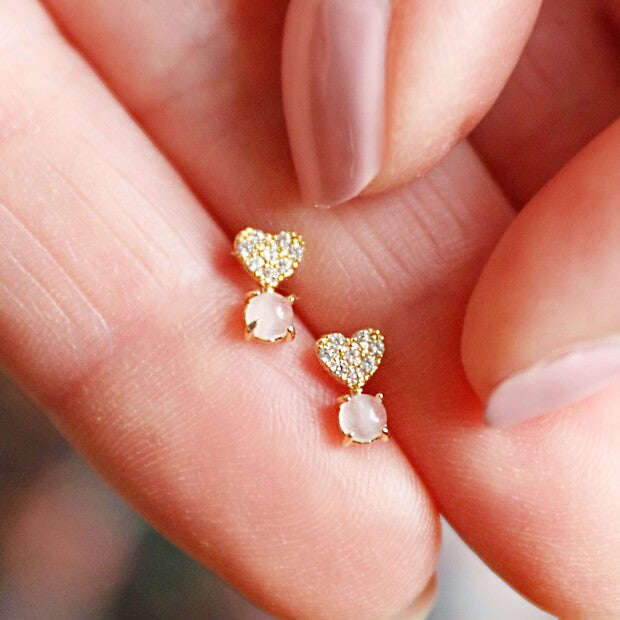 Crystal Heart And Quartz Stone Stud Earrings