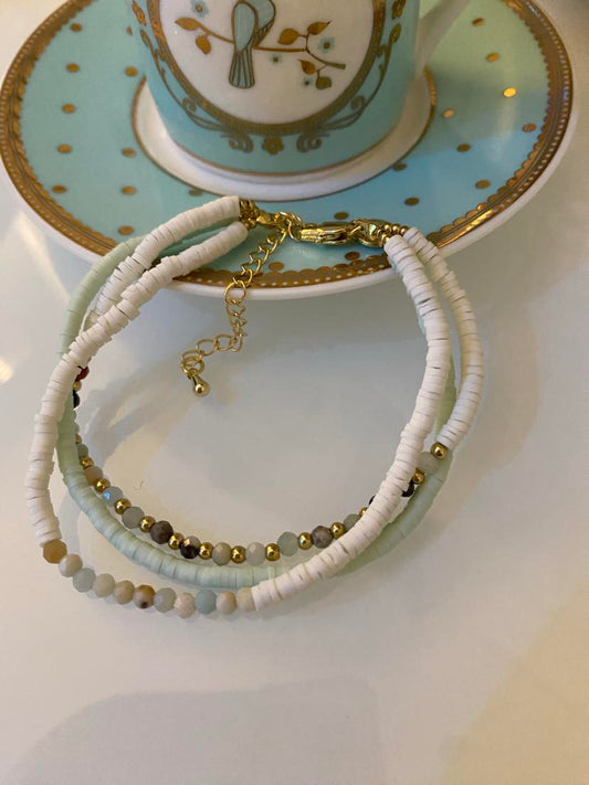 White And Aqua Triple Clay Beaded Bracelet