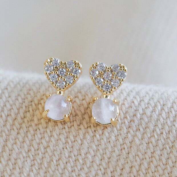 Crystal Heart And Quartz Stone Stud Earrings