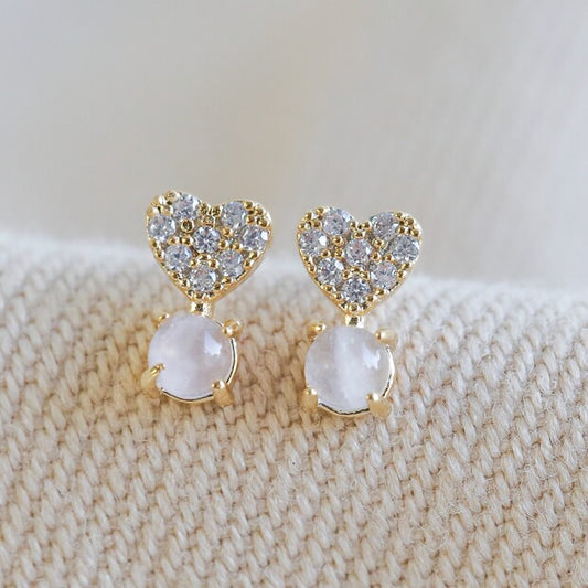 Crystal Heart And Quartz Stone Stud Earrings