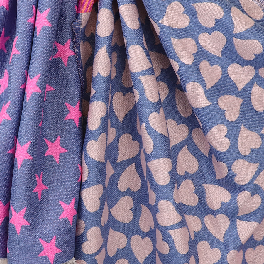 Reversible Blue And Pink Star, Heart And Leopard Scarf