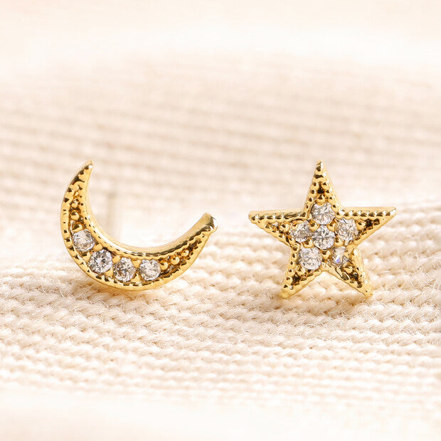 Gold Moon And Star Crystal Stud Earrings