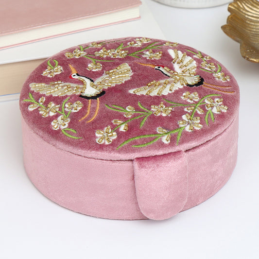 Pink Velvet Floral Crane Jewellery Box