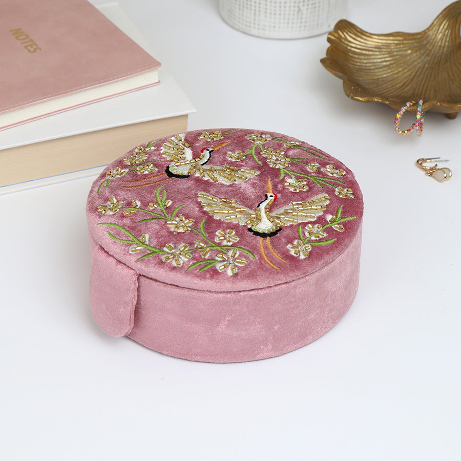 Pink Velvet Floral Crane Jewellery Box