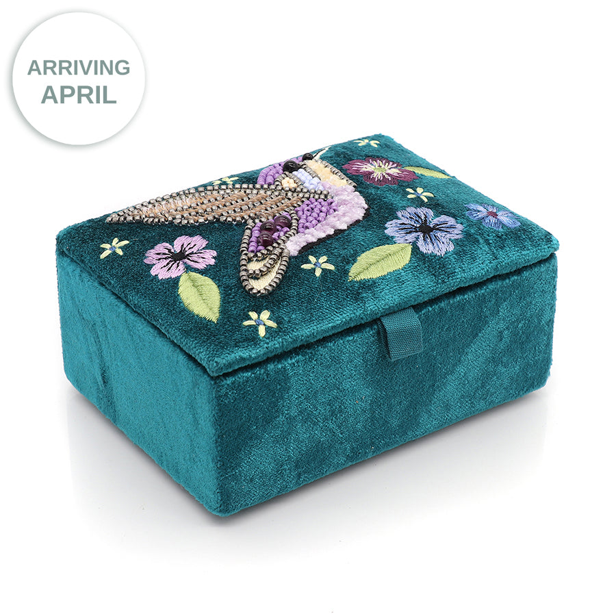 Teal Velvet Embellished Hummingbirds And Floral Jewellery Box