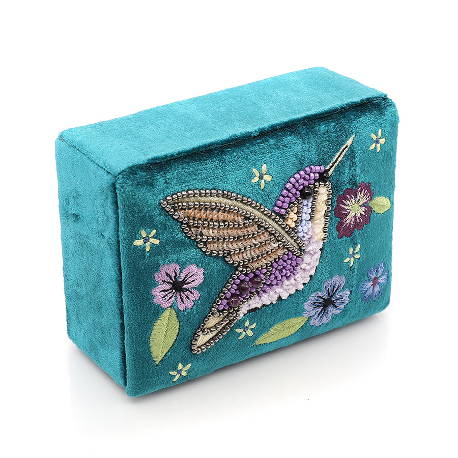 Teal Velvet Embellished Hummingbirds And Floral Jewellery Box