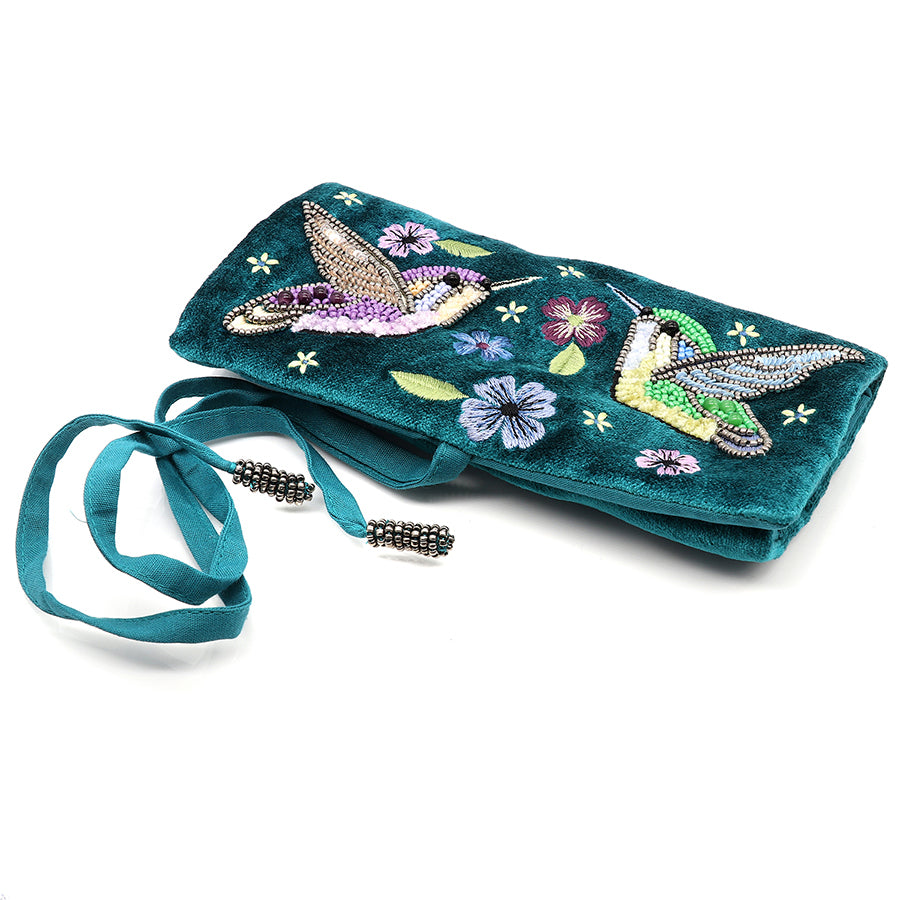 Teal Velvet Embellished Hummingbirds And Floral Jewellery Roll