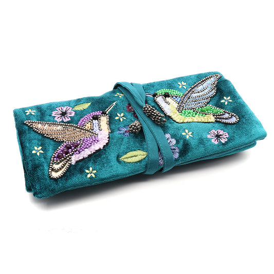 Teal Velvet Embellished Hummingbirds And Floral Jewellery Roll