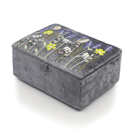 Grey Velvet Embroidered Lavender Jewellery Box