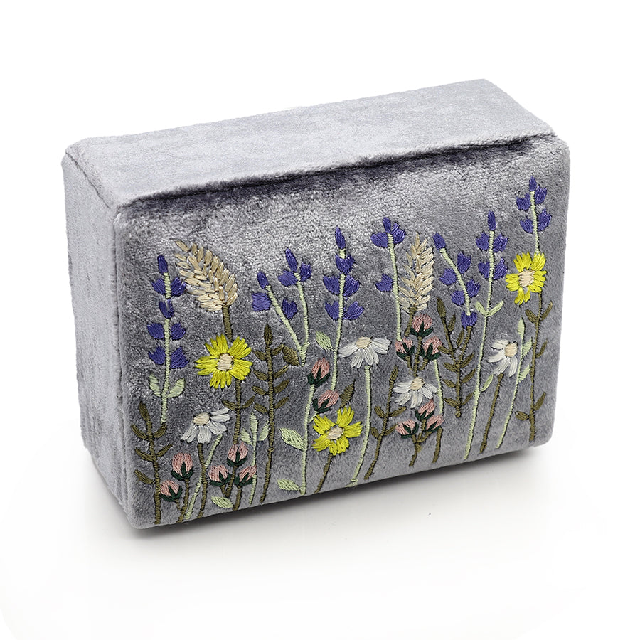 Grey Velvet Embroidered Lavender Jewellery Box