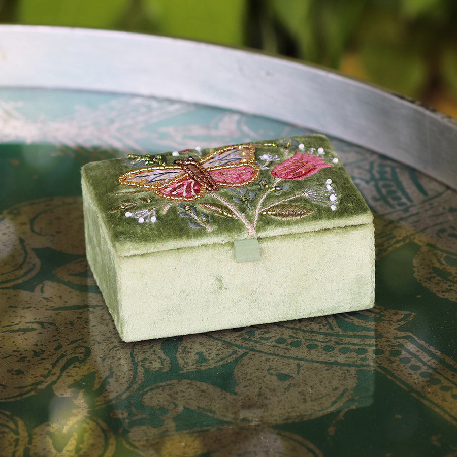 Green Velvet Floral Butterfly Jewellery Box