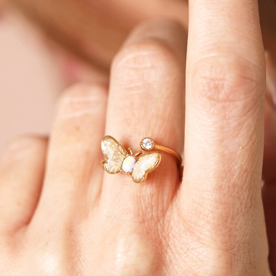 Opal Butterfly And Crystal Ring In Gold