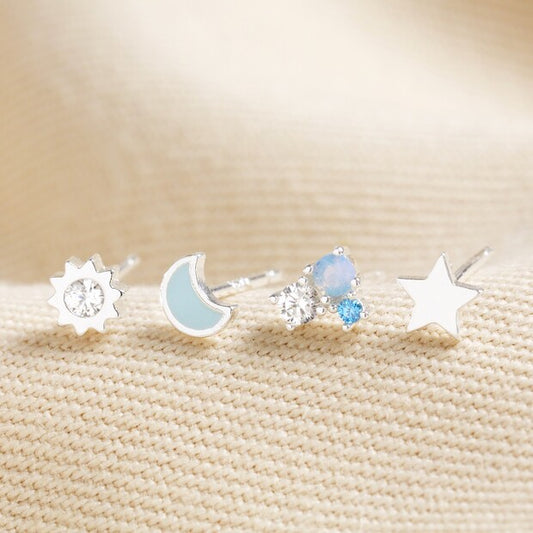 Silver Crystal Celestial Stud Earrings Set Of 4