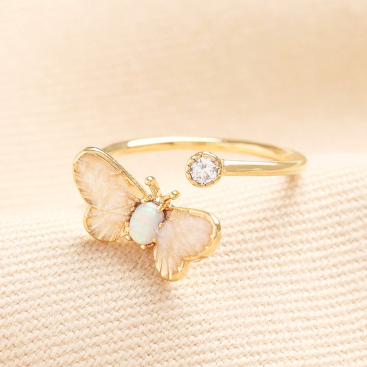 Opal Butterfly And Crystal Ring In Gold