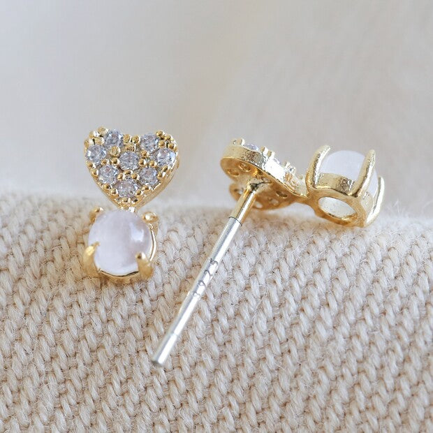 Crystal Heart And Quartz Stone Stud Earrings