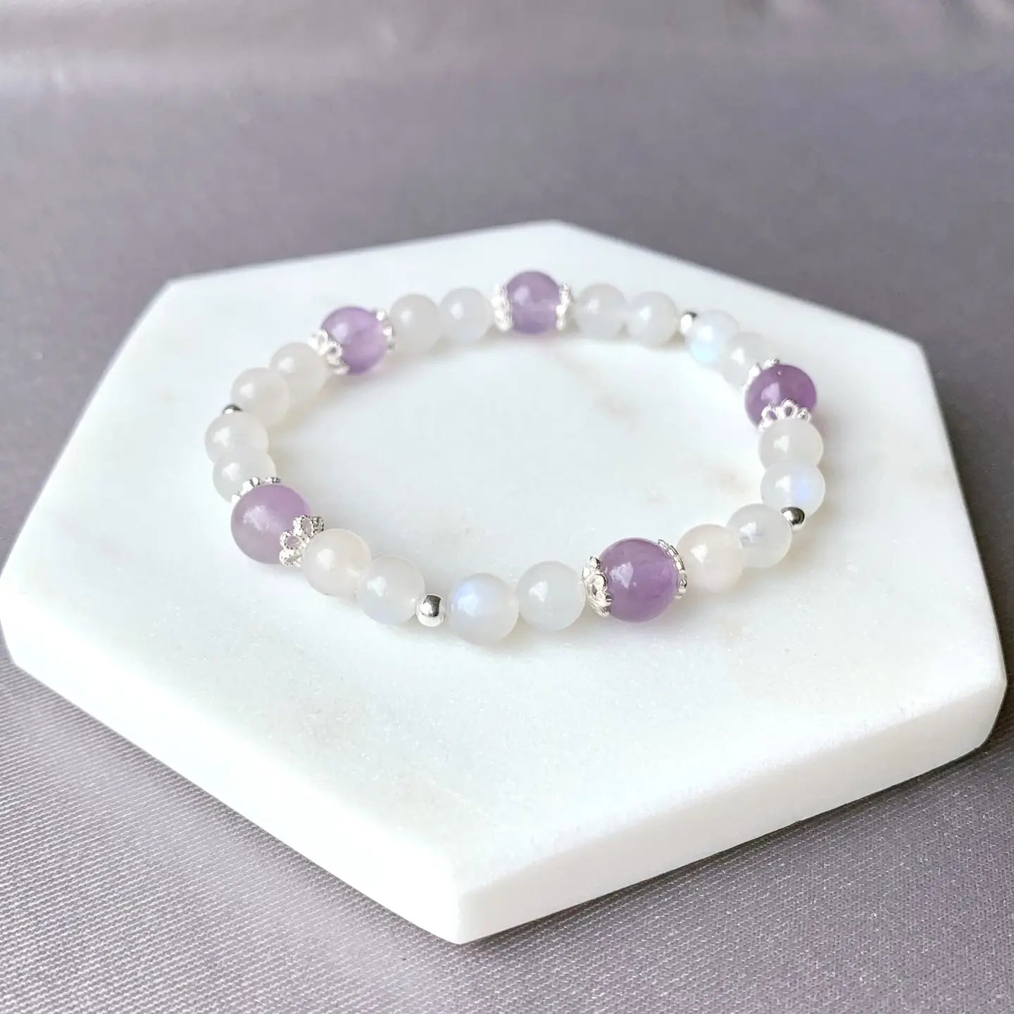 Lavender Amethyst and Moonstone Flower Beaded Gemstone Bracelet