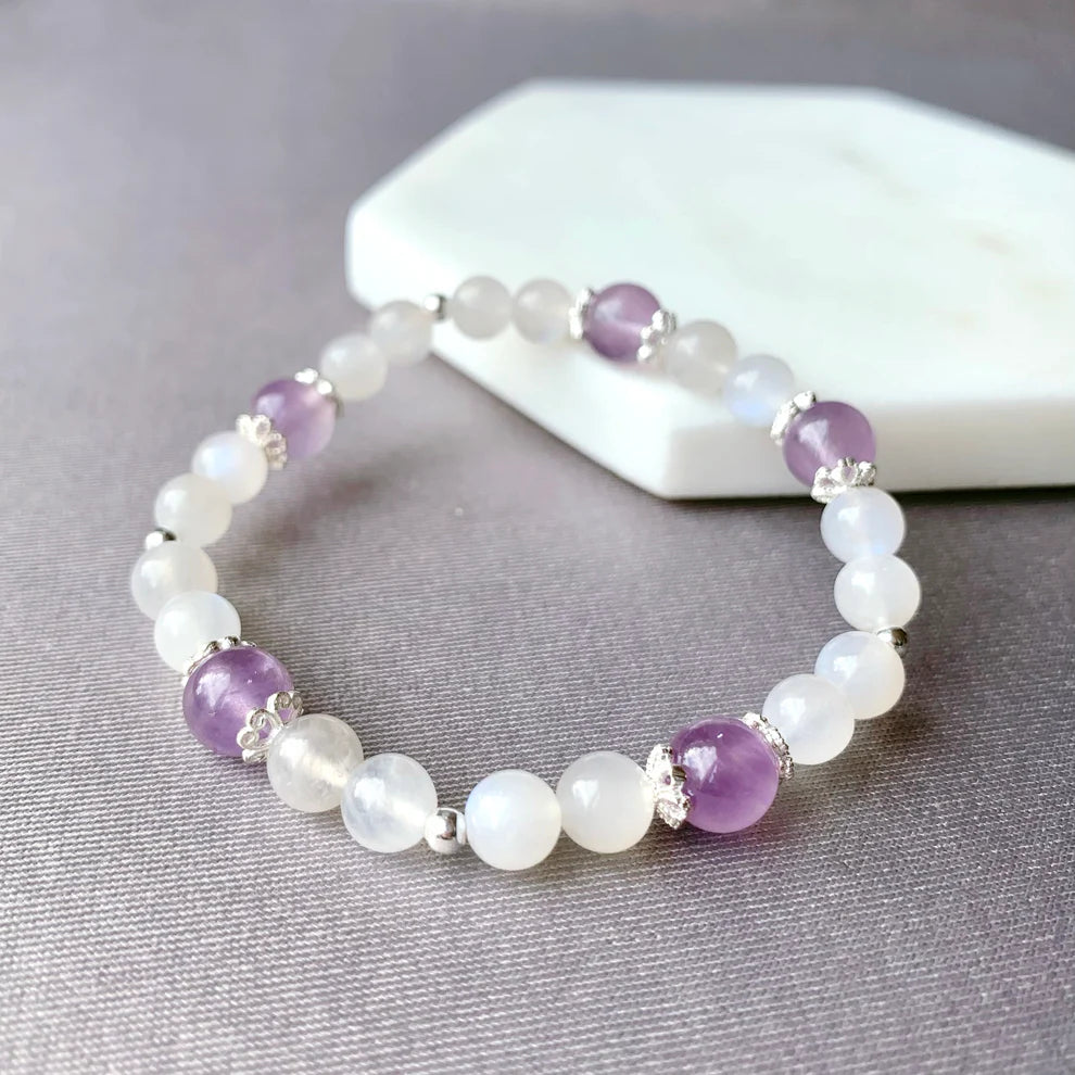 Lavender Amethyst and Moonstone Flower Beaded Gemstone Bracelet