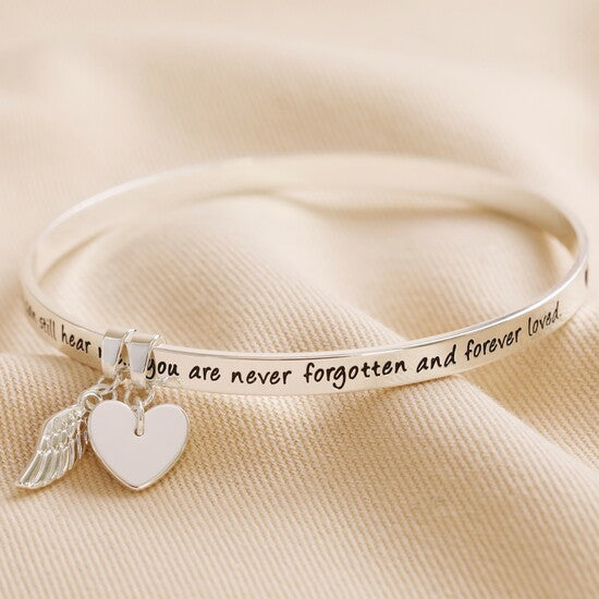 Never Forgotten Memorial Word Bangle Silver Plated