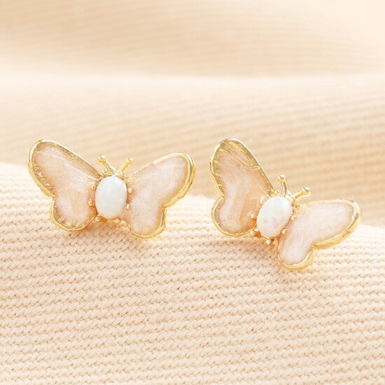 Gold Opal Stud Earrings Butterfly